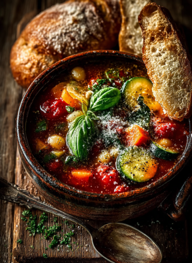Overhead view of classic minestrone soup recipe with visible vegetables, beans, pasta and fresh basil in ceramic bowl