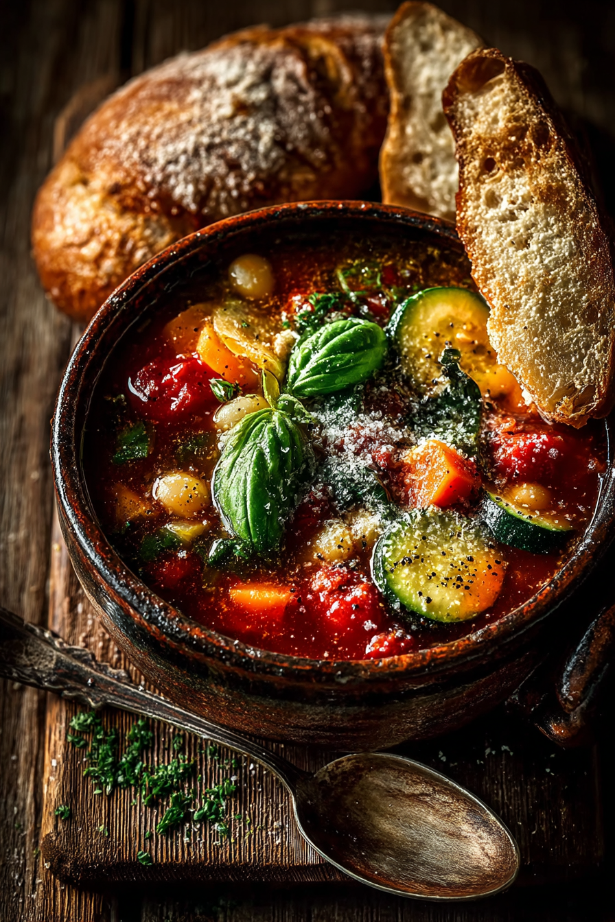 Overhead view of classic minestrone soup recipe with visible vegetables, beans, pasta and fresh basil in ceramic bowl