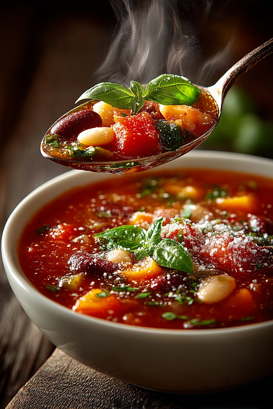 Overhead view of classic minestrone soup recipe with visible vegetables, beans, pasta and fresh basil in ceramic bowl