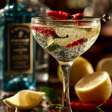 Elegant peperoncini martini with red peppers on a pick garnish in a chilled coupe glass
