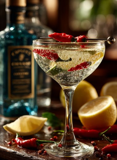 Elegant peperoncini martini with red peppers on a pick garnish in a chilled coupe glass