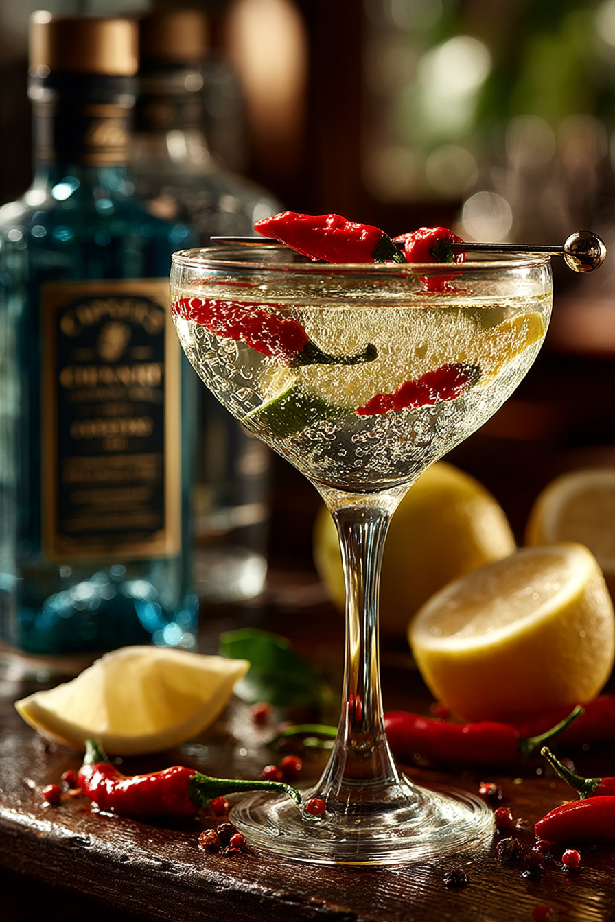Elegant peperoncini martini with red peppers on a pick garnish in a chilled coupe glass