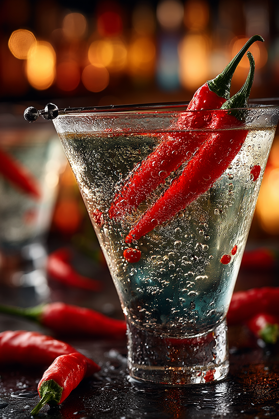 Elegant peperoncini martini with red peppers on a pick garnish in a chilled coupe glass