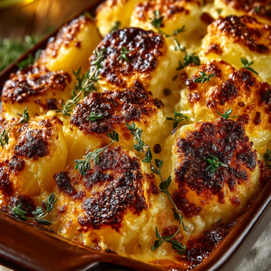 Golden baked scalloped potatoes with cheesy cream sauce and crispy breadcrumb topping in a rectangular baking dish