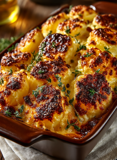 Golden baked scalloped potatoes with cheesy cream sauce and crispy breadcrumb topping in a rectangular baking dish