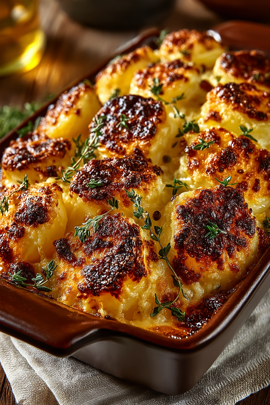 Golden baked scalloped potatoes with cheesy cream sauce and crispy breadcrumb topping in a rectangular baking dish