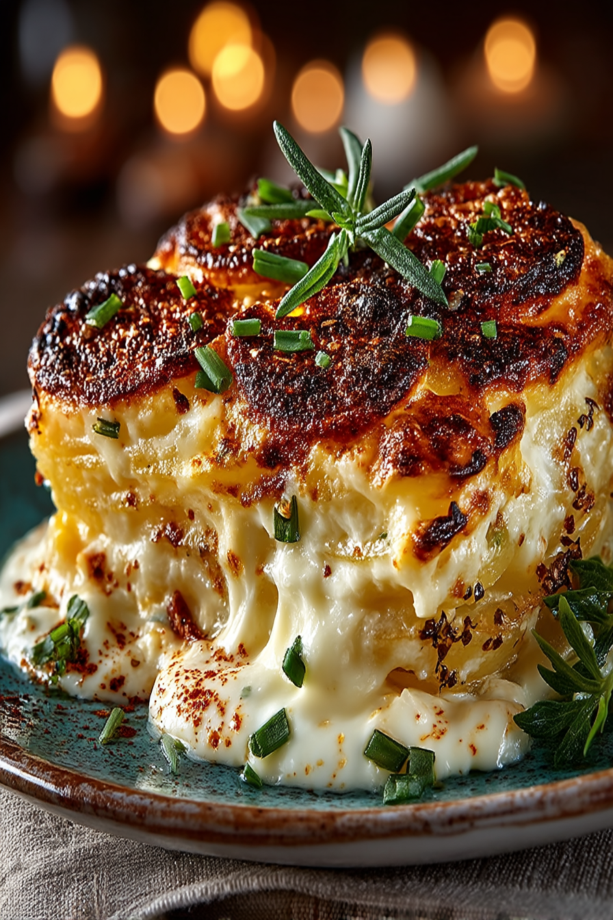 Golden baked scalloped potatoes with cheesy cream sauce and crispy breadcrumb topping in a rectangular baking dish