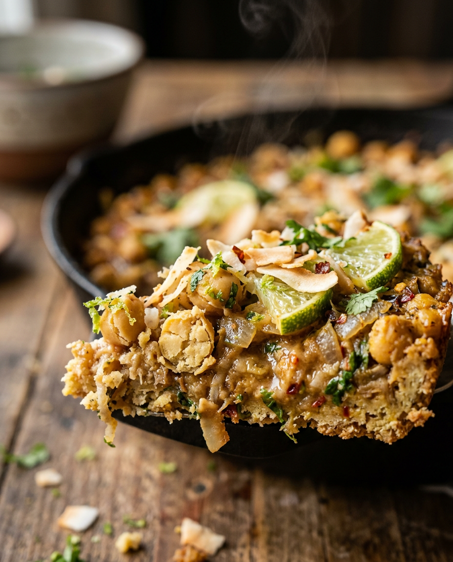 Close-up showing the texture and inside of Coconut Lime Chickpea Skillet Recipe
