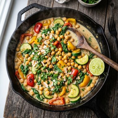 Coconut lime chickpea skillet with creamy sauce, fresh cilantro, and toasted coconut in cast iron pan