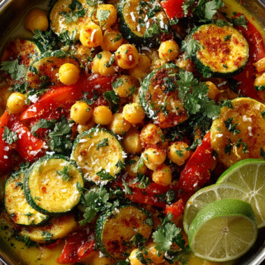 Creamy coconut lime chickpea skillet with fresh cilantro garnish and lime zest in a stainless steel pan