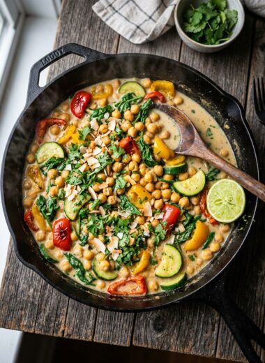 Coconut lime chickpea skillet with creamy sauce, fresh cilantro, and toasted coconut in cast iron pan