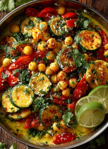 Creamy coconut lime chickpea skillet with fresh cilantro garnish and lime zest in a stainless steel pan