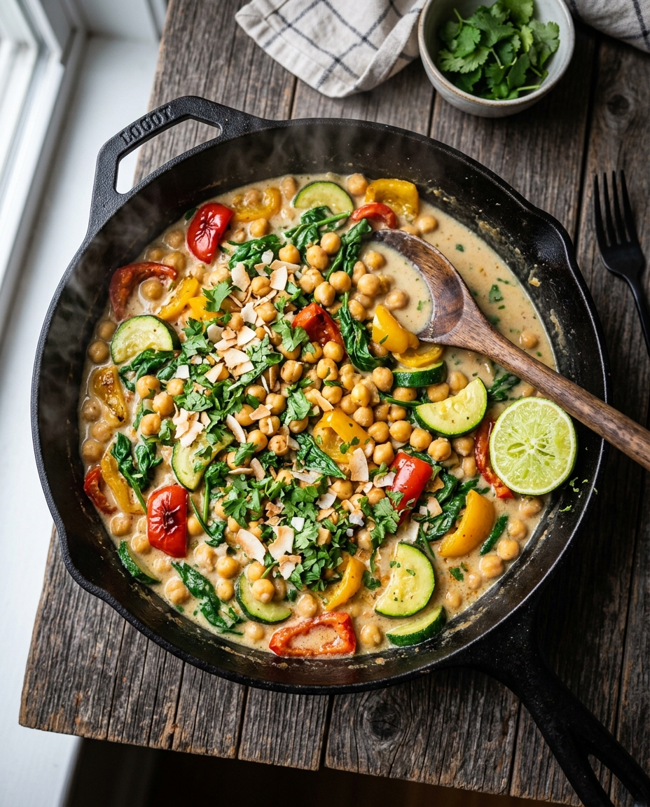 Coconut lime chickpea skillet with creamy sauce, fresh cilantro, and toasted coconut in cast iron pan