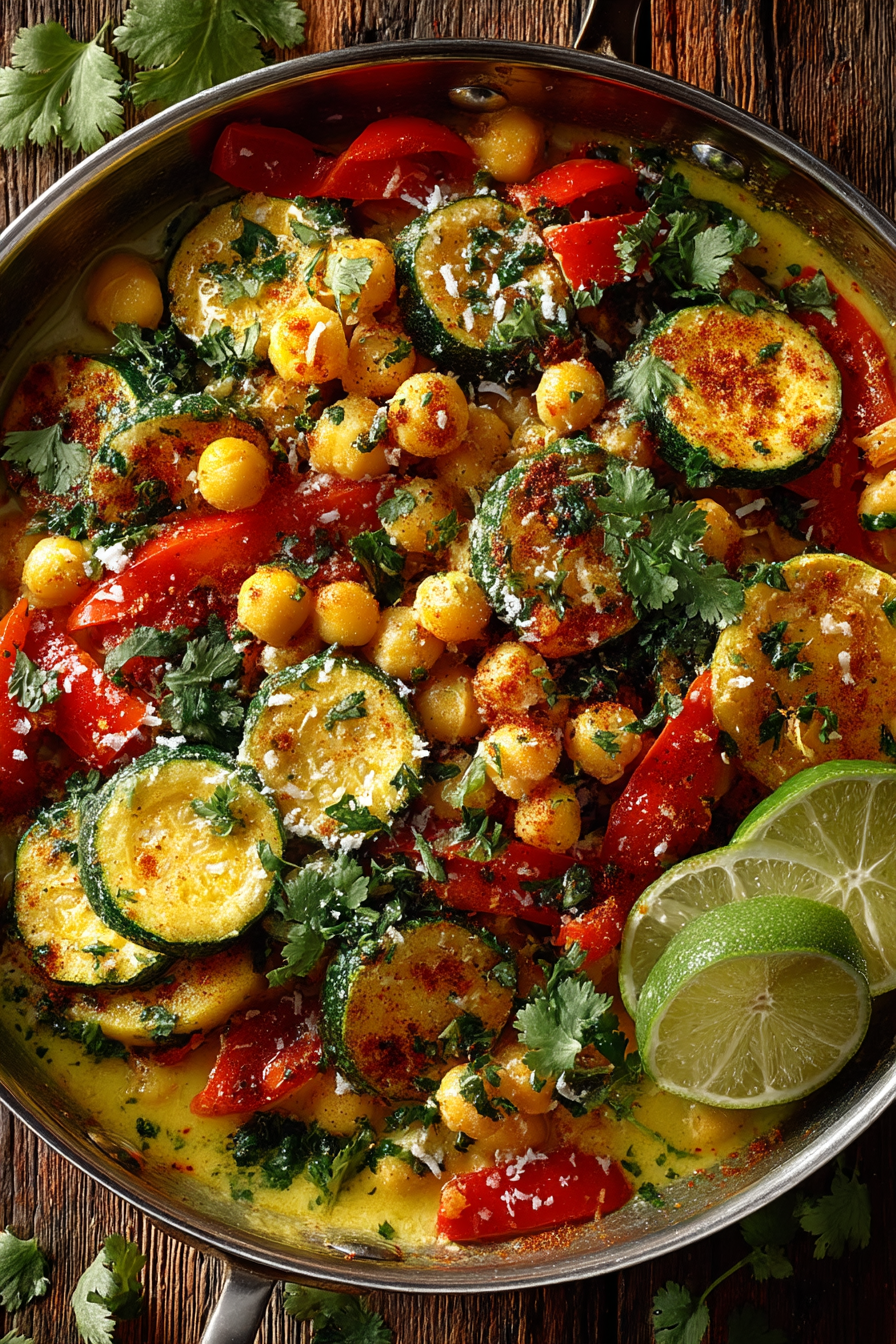 Creamy coconut lime chickpea skillet with fresh cilantro garnish and lime zest in a stainless steel pan