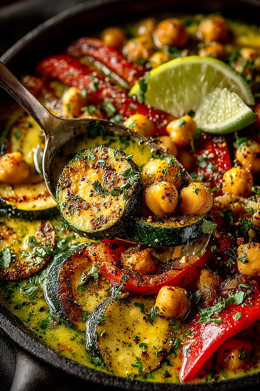 Creamy coconut lime chickpea skillet with fresh cilantro garnish and lime zest in a stainless steel pan