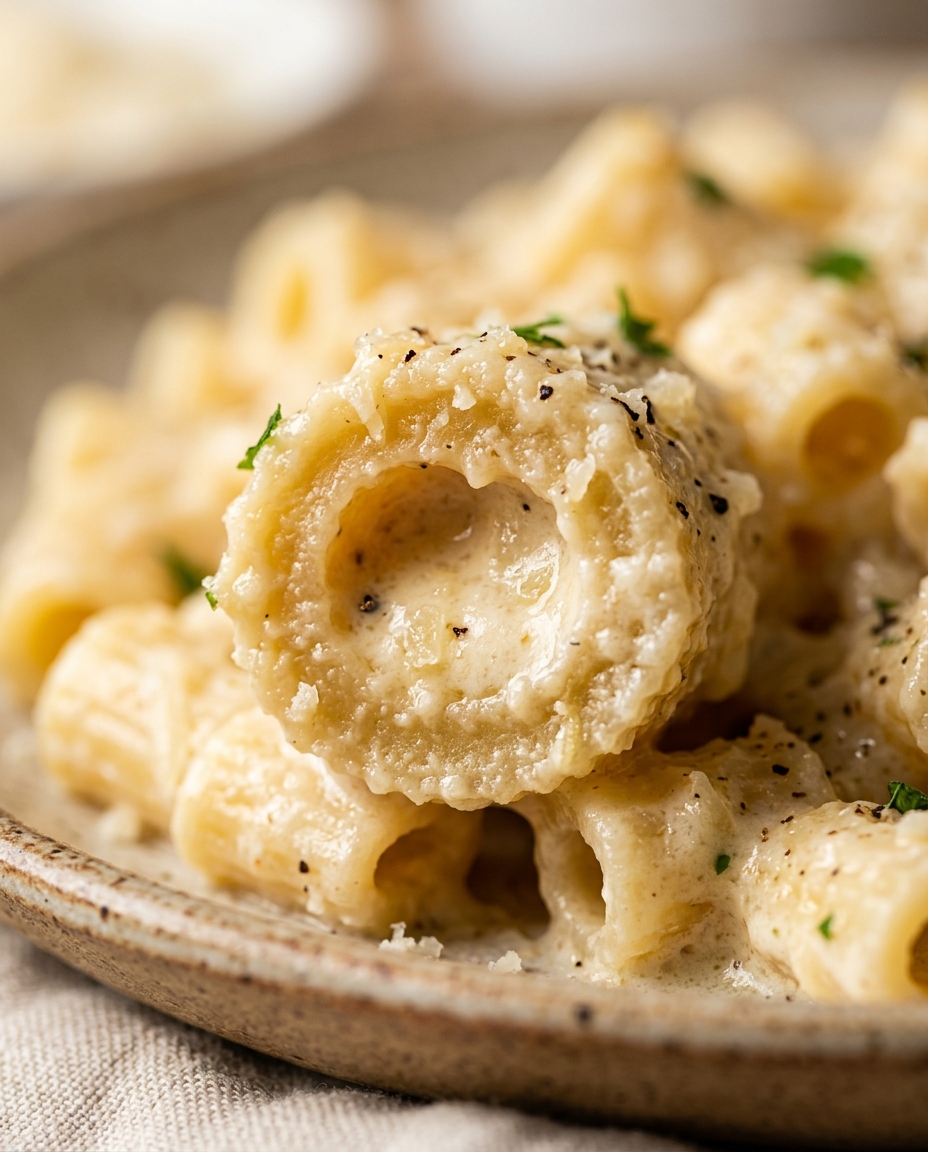 Close-up showing the texture and inside of Creamy Alfredo Ditalini Recipe