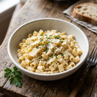 Creamy Alfredo ditalini pasta in white bowl with fresh Parmesan, black pepper, and parsley garnish