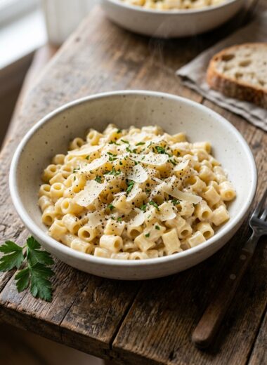 Creamy Alfredo ditalini pasta in white bowl with fresh Parmesan, black pepper, and parsley garnish