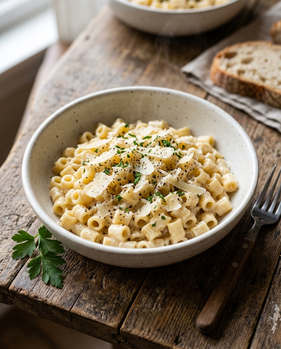 Creamy Alfredo ditalini pasta in white bowl with fresh Parmesan, black pepper, and parsley garnish