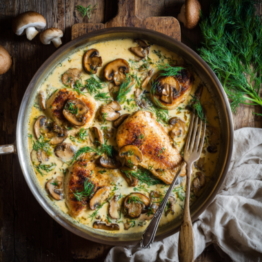 Creamy mushroom chicken skillet with seared chicken, golden mushrooms, and silky sour cream sauce garnished with fresh herbs