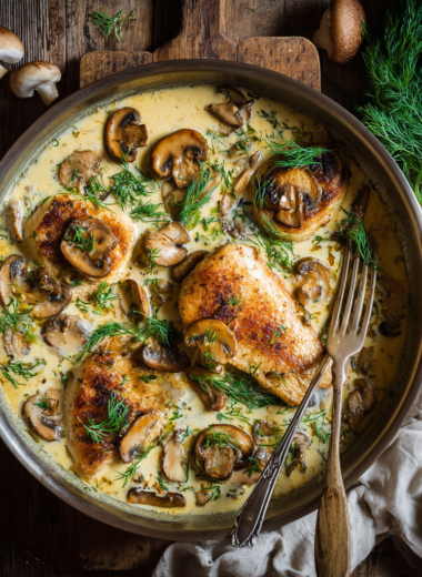 Creamy mushroom chicken skillet with seared chicken, golden mushrooms, and silky sour cream sauce garnished with fresh herbs