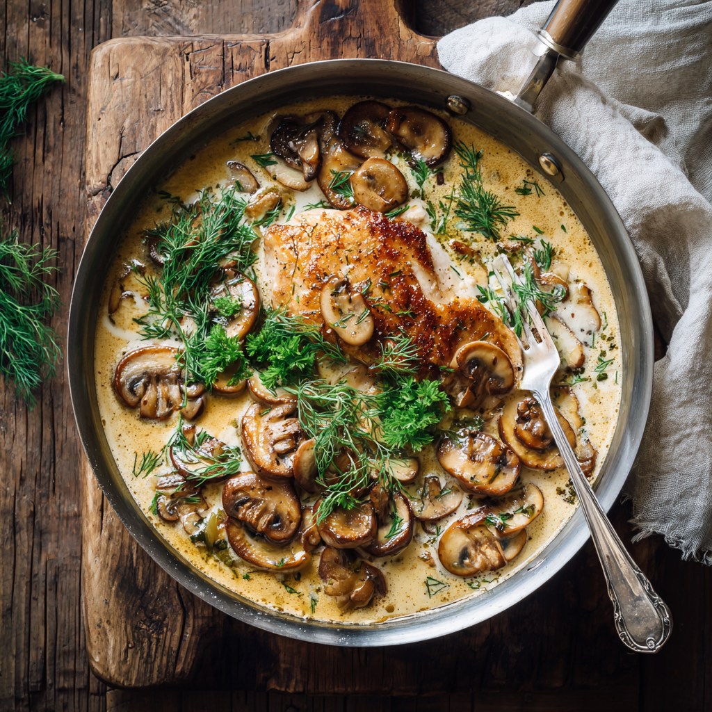 Creamy mushroom chicken skillet with seared chicken, golden mushrooms, and silky sour cream sauce garnished with fresh herbs