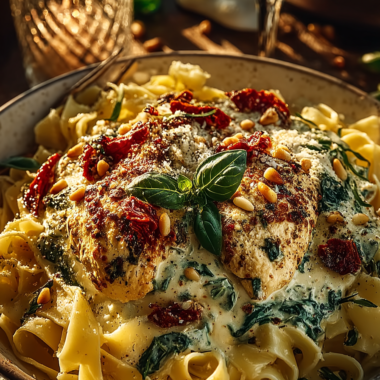 Creamy tuscan chicken with sun-dried tomatoes and fresh basil on fettuccine pasta, restaurant-quality presentation