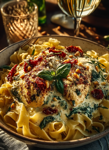 Creamy tuscan chicken with sun-dried tomatoes and fresh basil on fettuccine pasta, restaurant-quality presentation