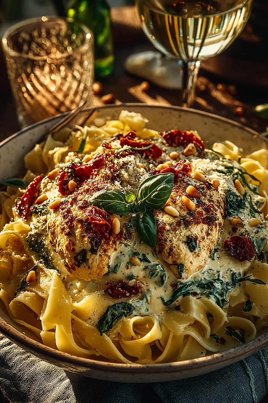 Creamy tuscan chicken with sun-dried tomatoes and fresh basil on fettuccine pasta, restaurant-quality presentation