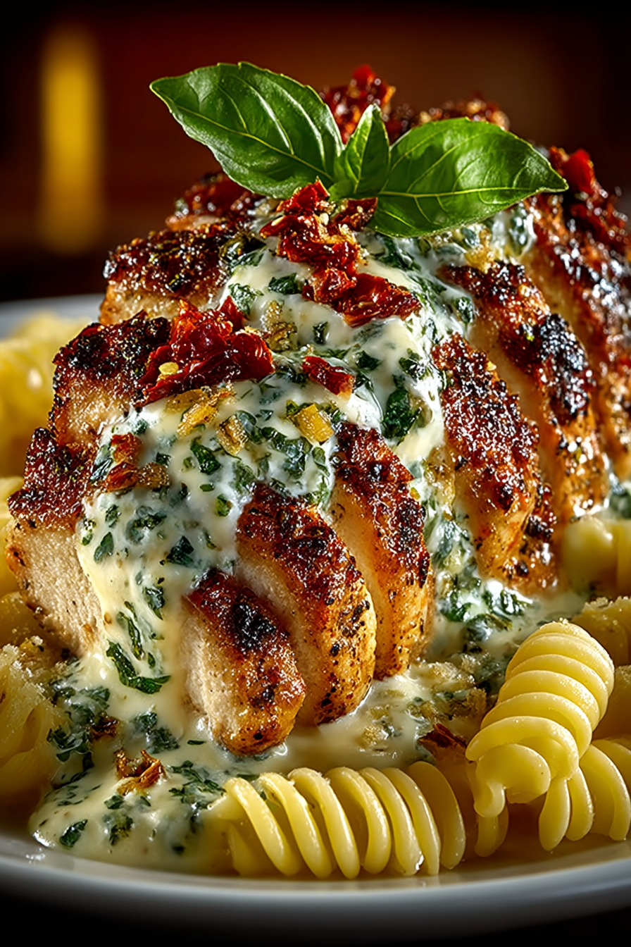 Creamy tuscan chicken with sun-dried tomatoes and fresh basil on fettuccine pasta, restaurant-quality presentation