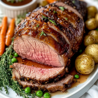 Golden-brown glazed lamb leg sliced to reveal pink medium-rare center, plated with spring vegetables and fresh herb garnish