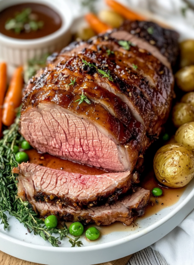 Golden-brown glazed lamb leg sliced to reveal pink medium-rare center, plated with spring vegetables and fresh herb garnish