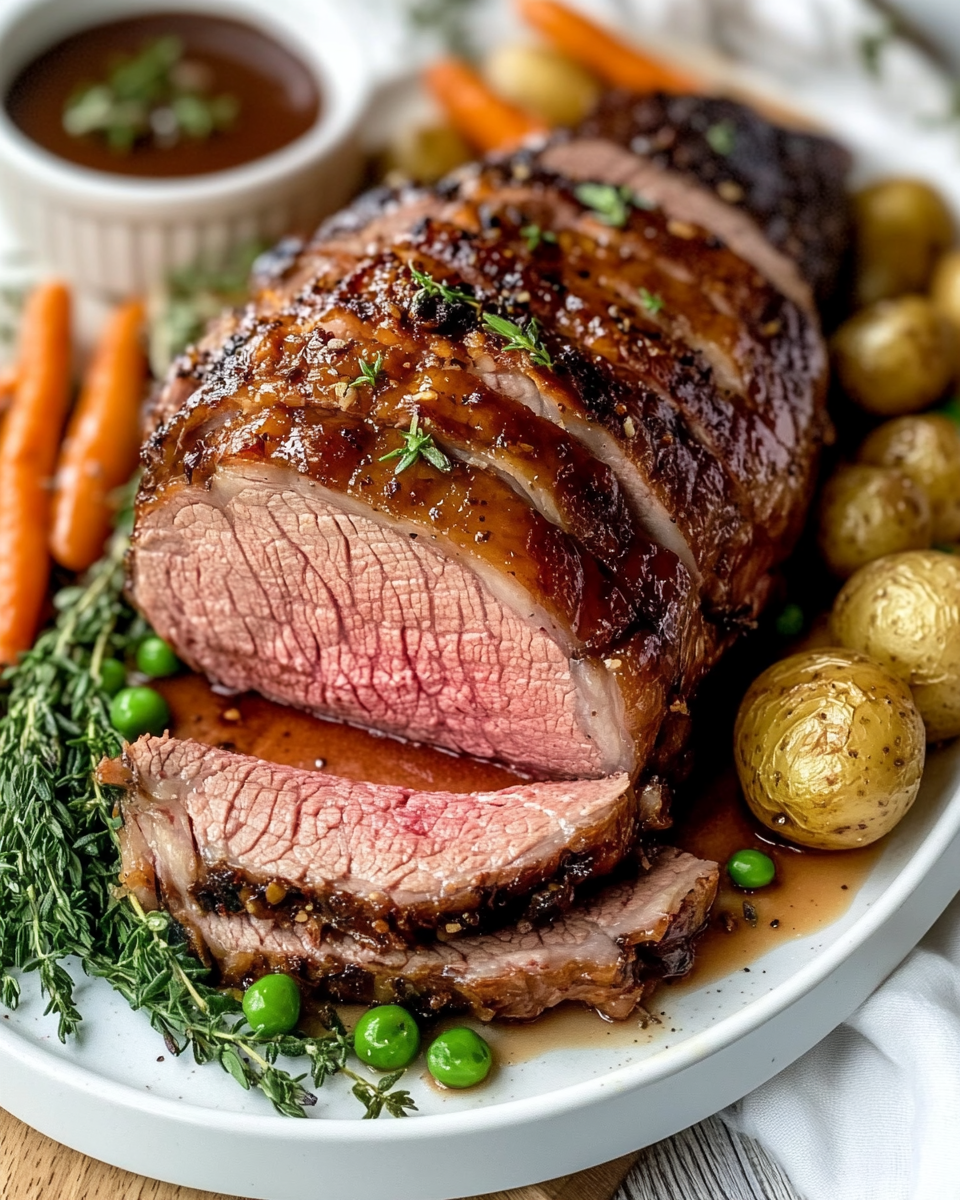 Golden-brown glazed lamb leg sliced to reveal pink medium-rare center, plated with spring vegetables and fresh herb garnish
