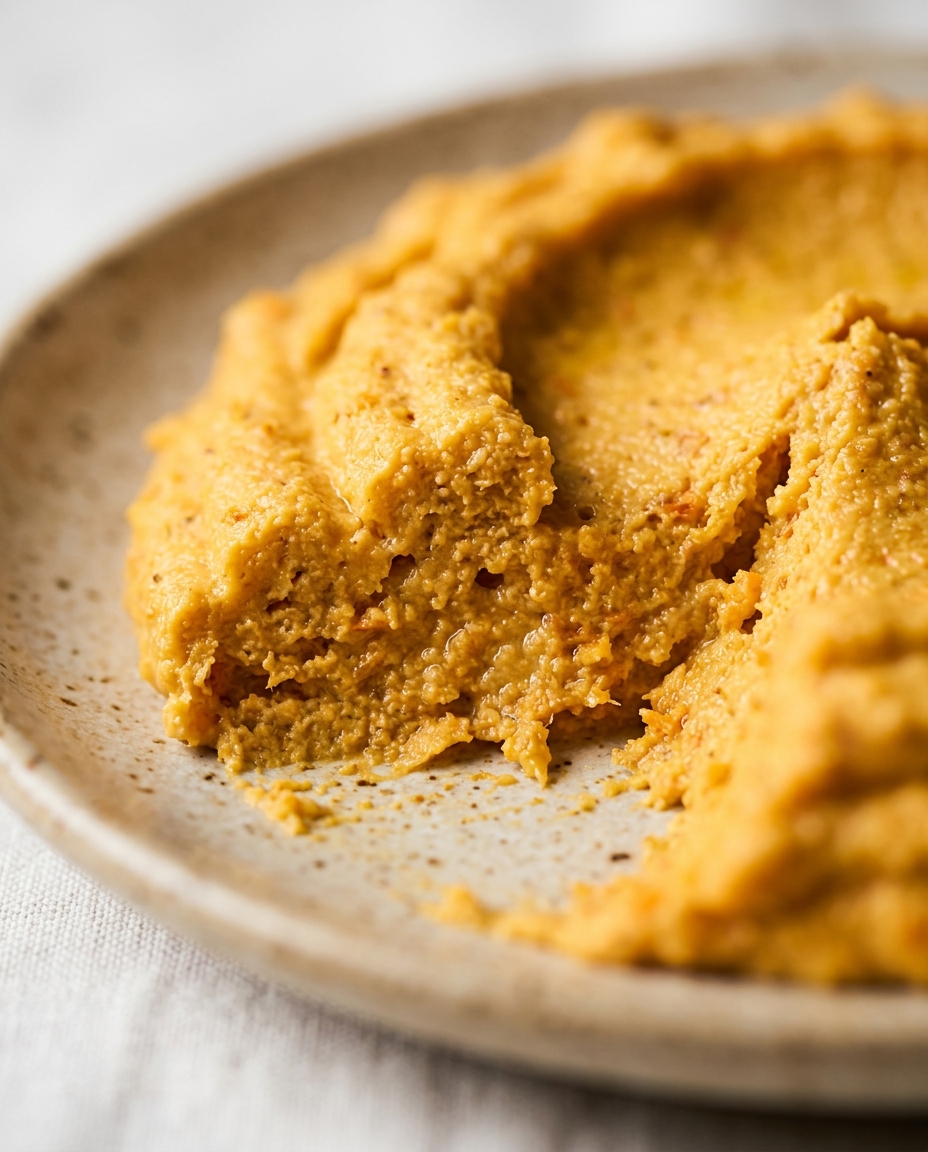 Close-up showing the texture and inside of Easy Carrot Hummus Recipe