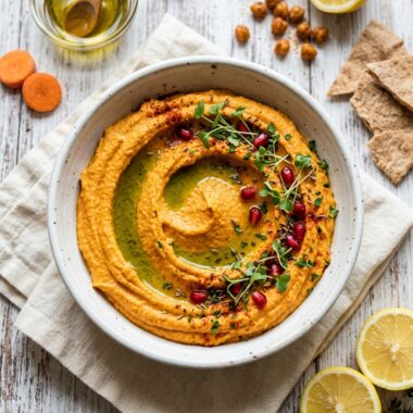 Easy carrot hummus recipe in white bowl with olive oil swirl, fresh parsley garnish, and pomegranate seeds