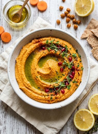Easy carrot hummus recipe in white bowl with olive oil swirl, fresh parsley garnish, and pomegranate seeds