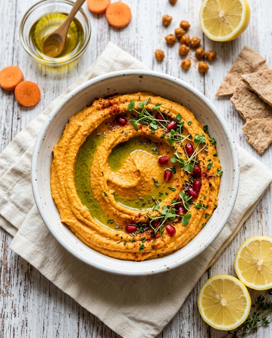 Easy carrot hummus recipe in white bowl with olive oil swirl, fresh parsley garnish, and pomegranate seeds