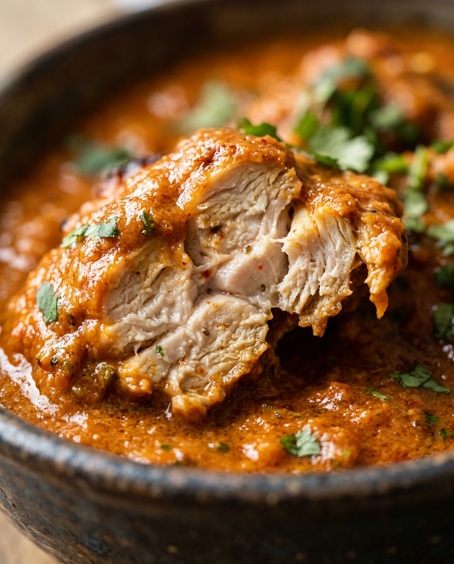 Close-up showing the texture and inside of Easy Chicken Tikka Masala Recipe