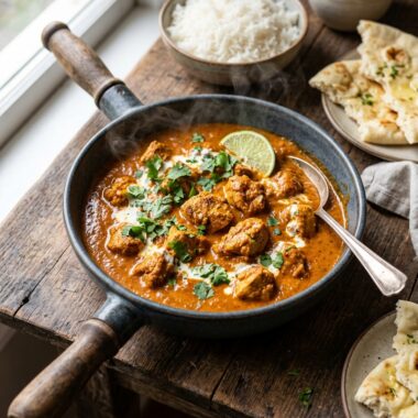 Creamy chicken tikka masala with tender chicken pieces in silky tomato sauce, garnished with cilantro and lime