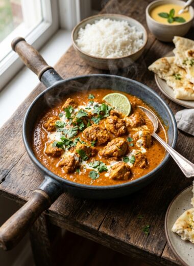 Creamy chicken tikka masala with tender chicken pieces in silky tomato sauce, garnished with cilantro and lime