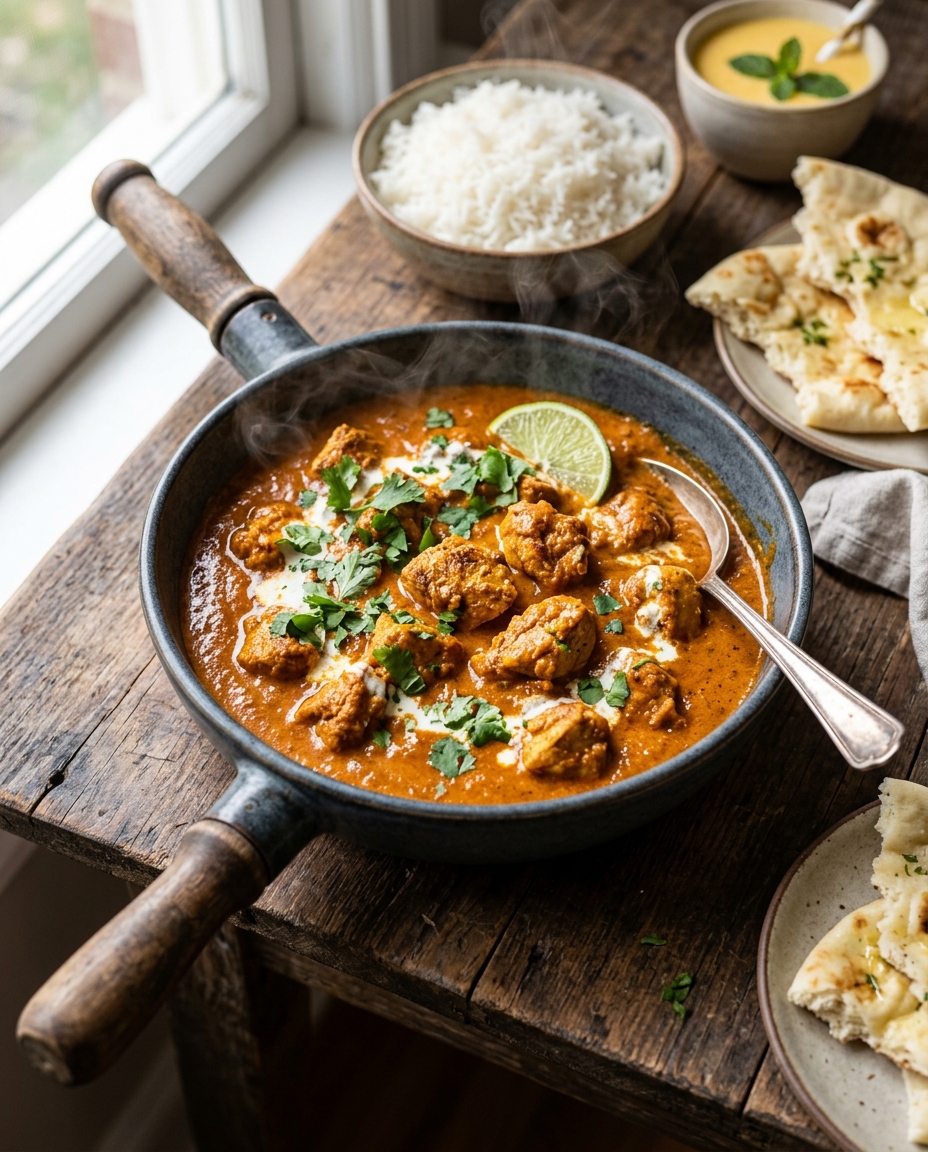 Creamy chicken tikka masala with tender chicken pieces in silky tomato sauce, garnished with cilantro and lime