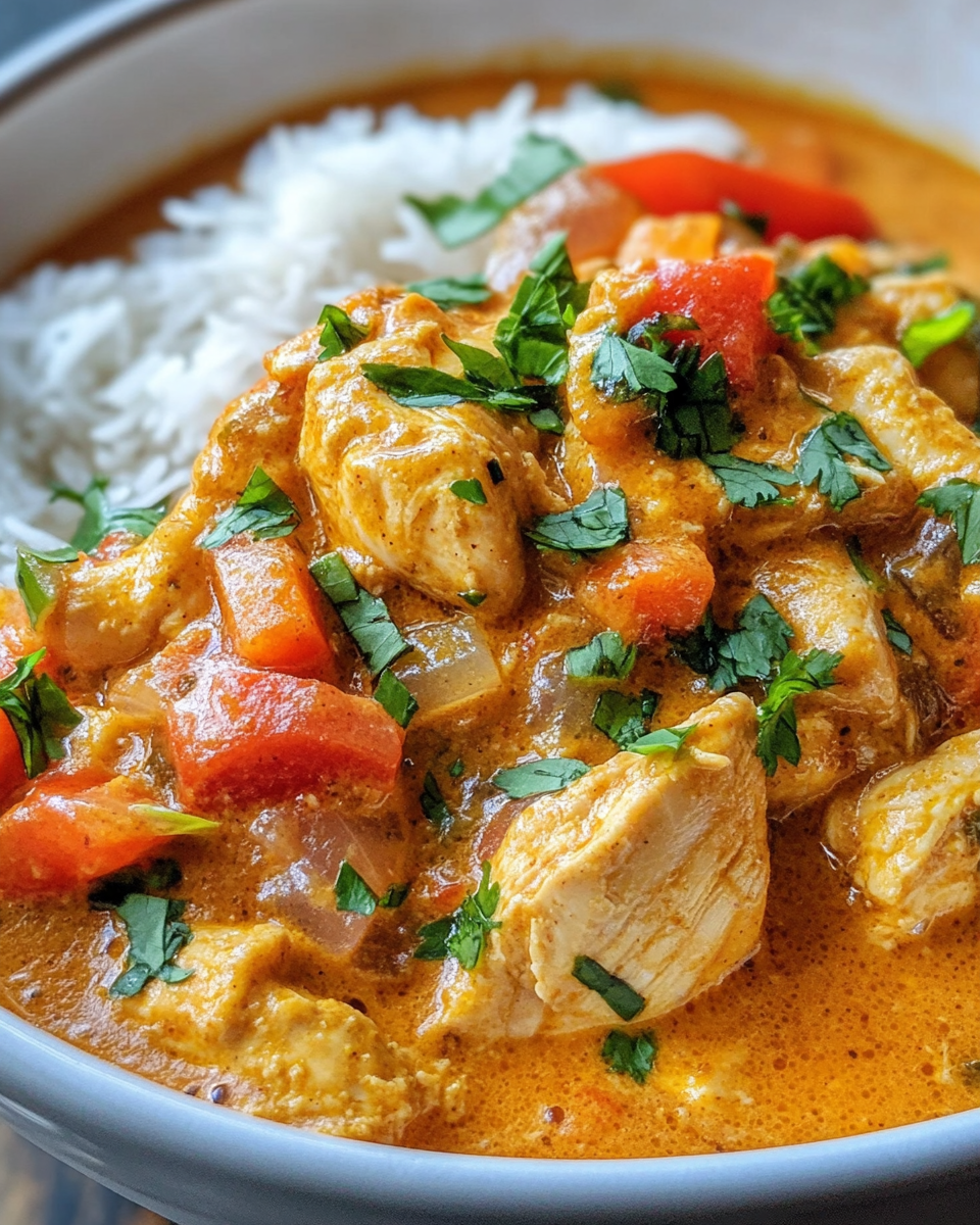 Close-up showing the texture and inside of Easy Coconut Chicken Curry Recipe