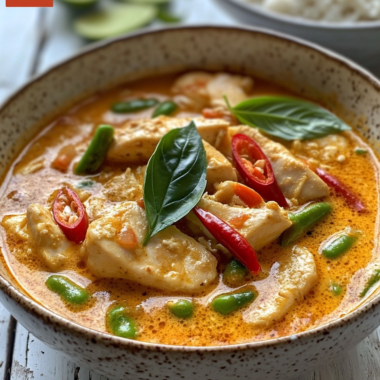 Easy coconut chicken curry in creamy golden sauce with fresh basil and lime garnish in rustic bowl