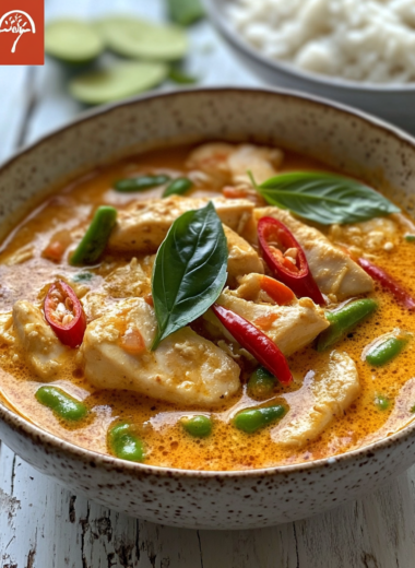 Easy coconut chicken curry in creamy golden sauce with fresh basil and lime garnish in rustic bowl