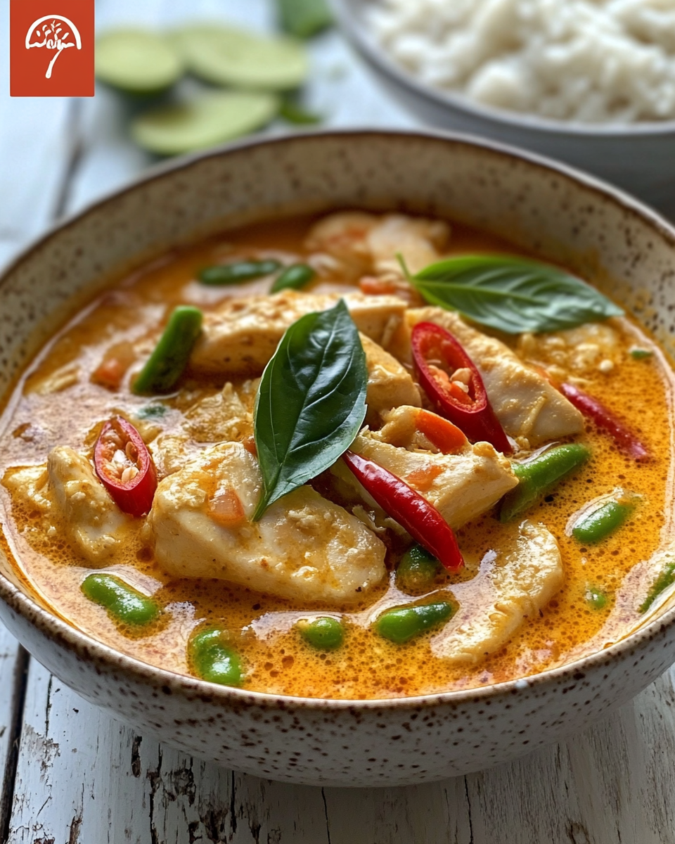 Easy coconut chicken curry in creamy golden sauce with fresh basil and lime garnish in rustic bowl