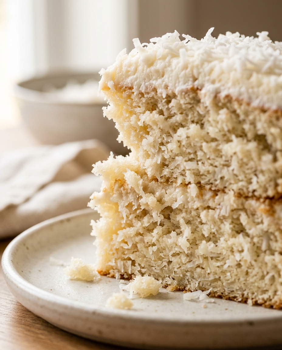 Close-up showing the texture and inside of Easy Coconut Easter Cake Recipe