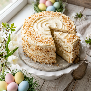 Easy coconut Easter cake with two layers, creamy frosting, and toasted coconut flakes, surrounded by Easter eggs and spring flowers