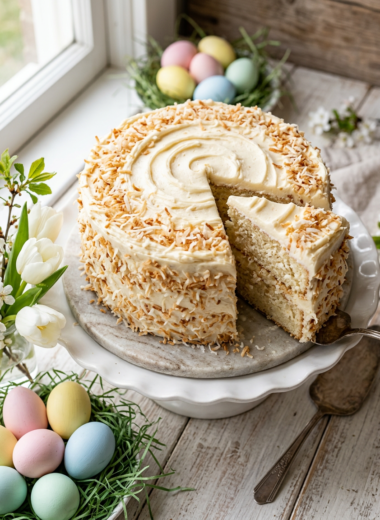 Easy coconut Easter cake with two layers, creamy frosting, and toasted coconut flakes, surrounded by Easter eggs and spring flowers