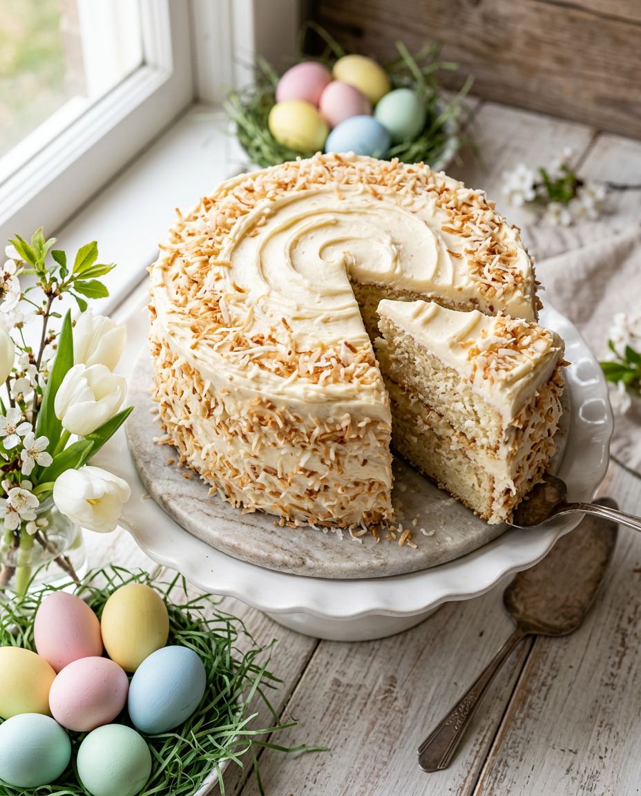 Easy coconut Easter cake with two layers, creamy frosting, and toasted coconut flakes, surrounded by Easter eggs and spring flowers