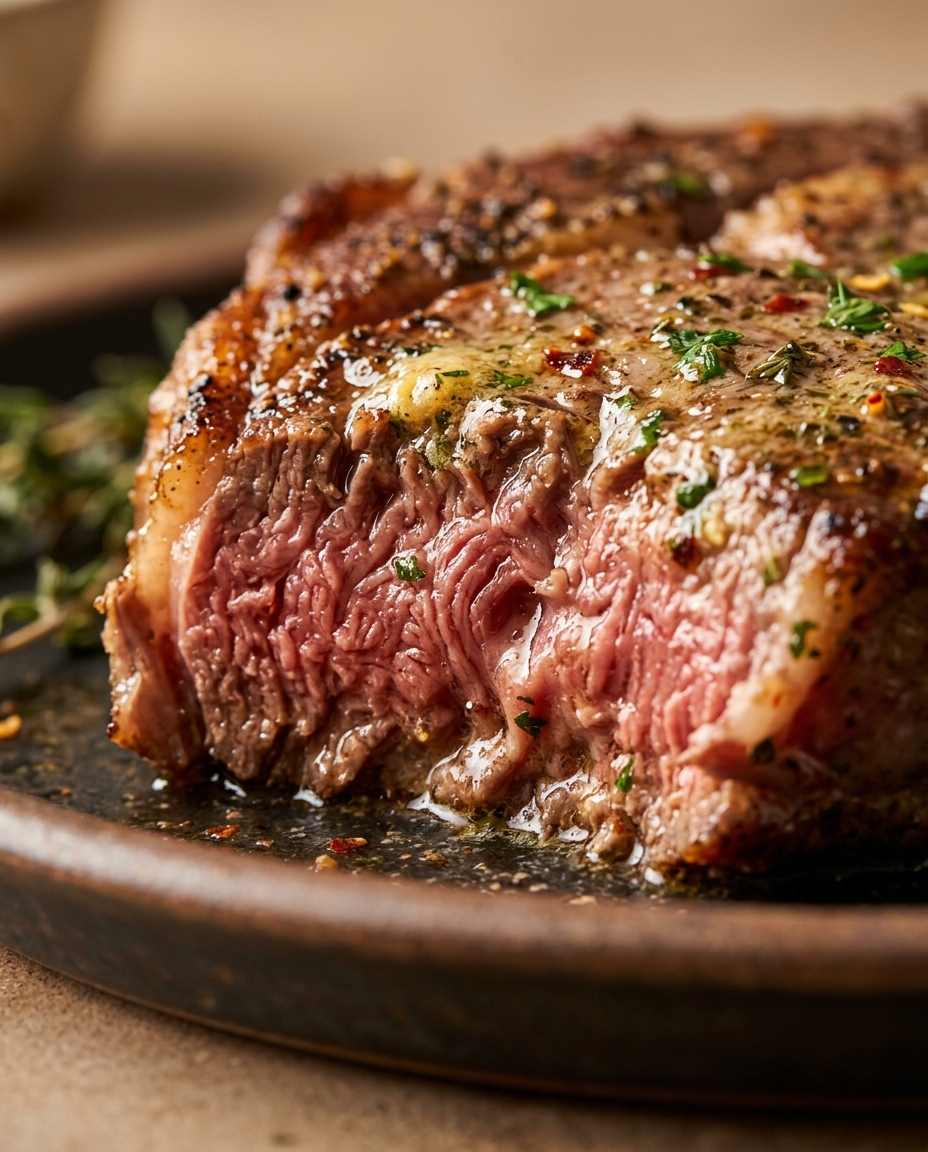 Close-up showing the texture and inside of Easy Cowboy Butter Steak Recipe